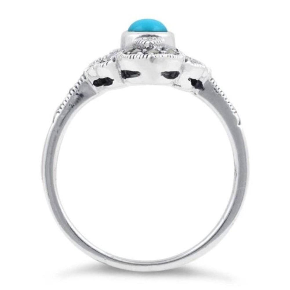 925 STERLING SILVER Simulated Turquoise Marcasite Ring - Picture 14 of 15